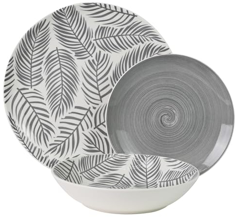 DRW Vajilla de 18 Piezas de Porcelana con Hojas en Gris 27x27x4 cm