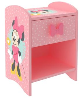 Disney Minnie Mouse Bedside Table: Sturdy Engineered Wood Construction featuring a 2-tier Design for Ample Storage, Small Side Table with Drawer and Storage Shelf for Kid's Bedroom