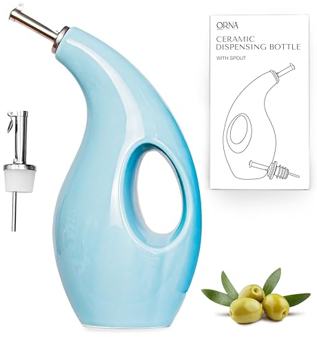 ORNA Ceramic Oil Dispenser Bottle with 2 Pourers – 700ml / 24 Oz Drizzle Bottle – Cruet Dispensing Bottle for Kitchen with Stainless Steel Spouts for Olive Oil, Vinegar, Syrup – Turquoise