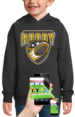 PIXEL EVOLUTION Kapuzenpullover Rugby 3D – Videospiele Transformation, Rugby – Sweatshirt 3D in Realität für Kinder, Schwarz , 10 Jahre