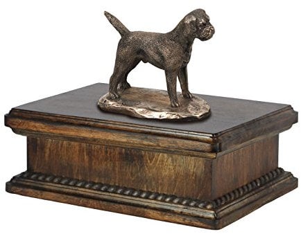 Art-Dog Custom Dog Mama Sitzende Statue Gedenkurne - Handgefertigte kaltgegossene Bronze auf Birkensockel - Urne für die Asche von Hunden - 24,5x29x21cm - 5l - Border Terrier