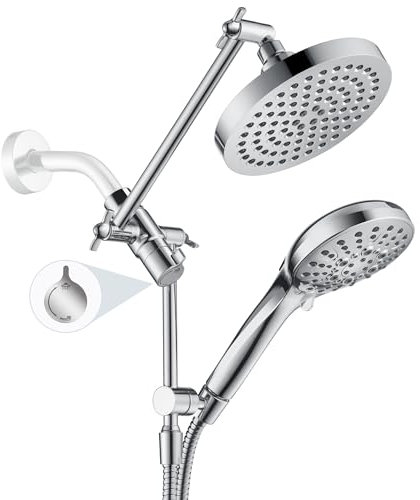 BRIGHT SHOWERS Cabezal de ducha de lluvia con rociador de mano integrado, cabezal de ducha doble de alta presión con brazo de extensión ajustable en altura, desviador de 3 vías, 9 ajustes de mano,