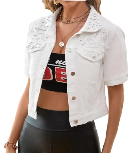 LifeShe Women's Pearls Denim Jacket Casual Short Sleeve Cropped Jean Jackets Coats, White, X-Large