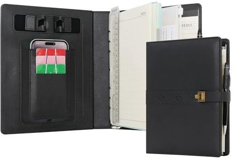 WASON A5 Tagebuch Liniertes Kompositions Notizbuch mit Stift, Nachfüllbarem Papier Herausnehmbares Klemmbrett Ringbuch Portfolio Notizblock für Schule Reisearbeit und Organizer (Schwarz)