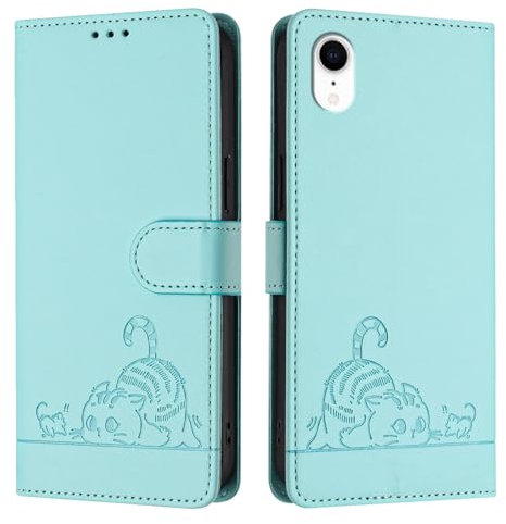 ScandiCasis Compatible with iPhone XR Flip Case, Cat Pattern Leather Cover with [Card Slots] [RFID] [Wallet] [Kickstand] Shockproof Case, Mint Green