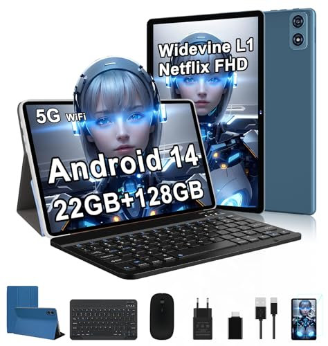 fezawio Tablette Tactile 10 Pouces Android 14, 22Go RAM+128Go ROM(Extensible 1To)|5MP+8MP|5G Wi-FI|Certifié Widevine L1|Processeur Octa-Core|8000mAh|Clavier+Souris+Coque de Protection Inclus (Bleu)