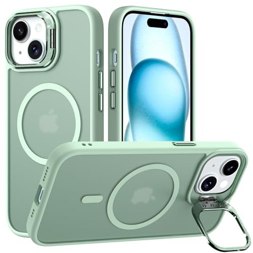 Buoluozy Hülle für iPhone 15 6,1 Zoll Handyhülle Kompatibel mit MagSafe, Eingebauter Verstellbarer Kameraständer, Magnetische Stoßfest Schutzhülle, Dünn Durchscheinend Matt Case, Grün
