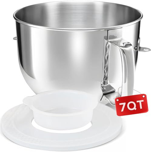 7 QT Stainless Steel Mixing Bowl with Lid for KITCHENAID BOWL-LIFT STAND MIXERS, Dishwasher Safe Replacement Mixing Bowl with Handle & Mixer Bowl Cover Set