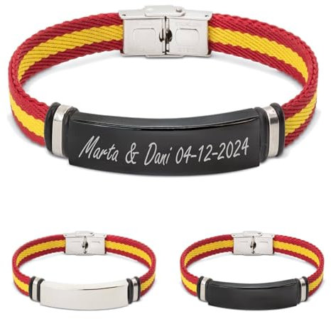ibera gifts - Pulsera Hombre Personalizada en Acero Inoxidable, Pulseras Personalizadas con Nombre, Ajustable a Cualquier Muñeca, Pulsera Personalizada Mujer (España - Negro)