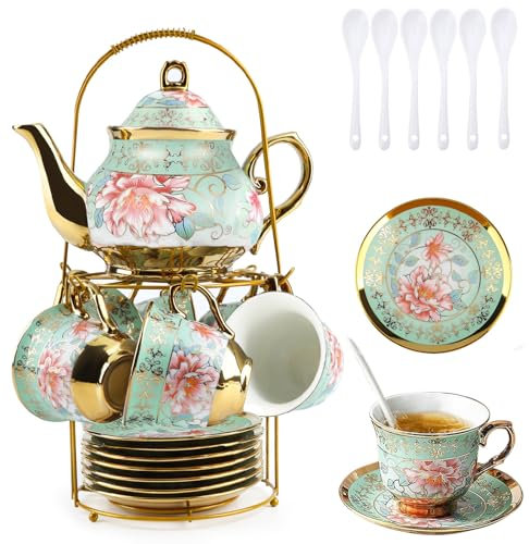 Porzellan Europäisches Teeservice,20 Teilig Keramik Kaffeeservice,Blumen Teeservice am Nachmittag,Porzellan Tee Service für Hochzeit Nachmittagstee,Kaffee Erwachsene Teeservice für 6 Personen, Grün