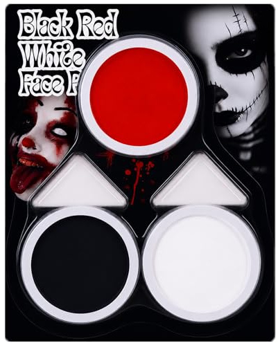 Black + White + Red Face & Body Paint, Halloween Face Paint, White Black Red Face Body Paint Set, Cosplay SFX Makeup Kit for Halloween, Skeleton, Skull , Clown, Vampire