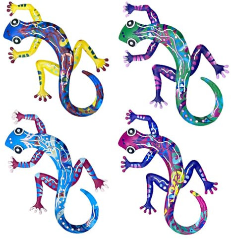 Metall-Gecko-Wanddekoration, 4 Stück, lebendige Farben, Garten-Ornamente, Wandkunst – für Innen- und Außenbereich, langlebige Eidechsen-Skulpturen für Zaun, Terrasse, Hinterhof, Heimdekoration (blau