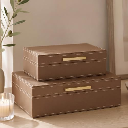 ZICOTO Dekorative Aufbewahrungsboxen mit Deckeln – Set mit 2 schönen PU-Leder-Organizer-Behältern für Ihr Bücherregal, Heimdekoration – sichere Aufbewahrung von Fotos, Dokumenten und