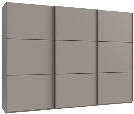 Schwebetürenschrank 3-türig B300/H216/T65 cm in Sand Grau mit schwarzen Griffleisten, inkl. Selbsteinzug, Kleiderschrank mit Einlegeböden, Kleiderstangen, Schubladen, Wäscheeinteilung / 22017