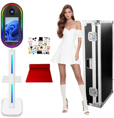 Appareil photo miroir avec écran tactile de 15,6 et étui de vol, mini PC intégré, impression et partage instantanés, forme ovale, pour fête de mariage (blanc, cabine photo)
