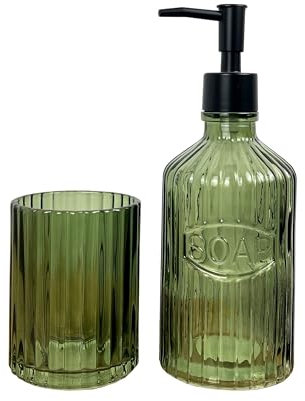 2 Piece Dark Green Ribbed Glass Bathroom Sink Accessories Set Liquid Soap Lotion Dispenser Tumbler/Toothbrush Holder Cup