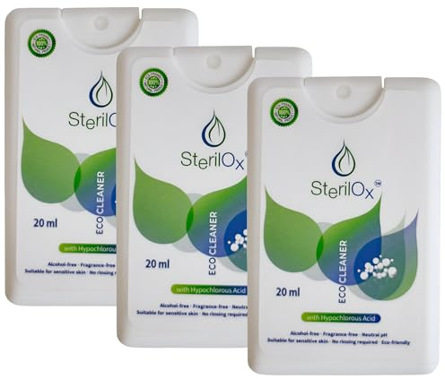 SterilOx 3 × 20 ml – Hygiene-Spray auf Basis von Hypochlorsäure (HOCl), ohne Alkohol, zur Handreinigung und Zubehör, Mini-Pack für Zuhause und Reisen