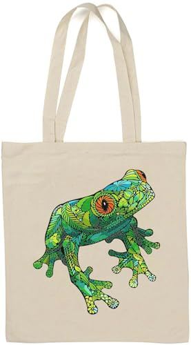Bunte grüne Tragetasche mit Froschkunst, natürliche Baumwolle, Weiß