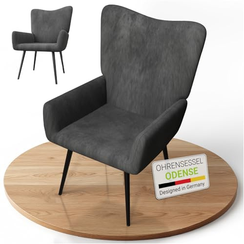 Juskys Ohrensessel Odense ohne Hocker, Relaxsessel mit Cord-Stoff, skandinavischer Stil, hoher Rücken & gepolstert, Stahlgestell – Grau