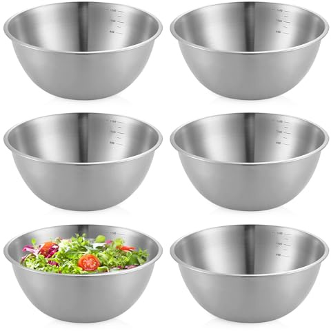 PORFOYO Lot De 6 Cul De Poule Inox, 1200 Ml Bols En Acier Inoxydable, Ø 19,5 Cm Saladiers En Acier Inoxydable, Bols Ronds En Avec Marques De Mesure, Saladier Inox Pour Salade, Collations