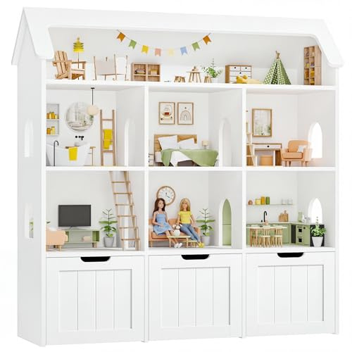 FOREHILL Kinderregal in Hausform, Bücherregal Kinder, Kinderzimmer Möbel | Kinderregal mit 3 Boxen auf Rollen, Kinderschrank Puppenhaus, Regal für Kinderzimmer, Kindergarten, 120x117,5x30cm