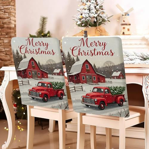 Hiseng Rot Weihnachten Stuhlhussen, Stuhlrückenbezug 2/4/6/8er Set 57x46cm Schutzhülle, Baumwoll-Leinen Weihnachten Dekoration für Festliche Party (Rotes Auto,4er Set)