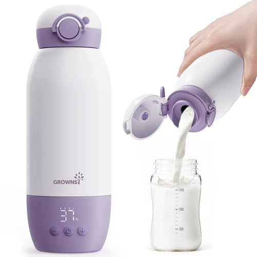 Flaschenwärmer baby unterwegs GROWNSY Tragbarer fläschchenwärmer für Reise Schnellheizender mobiler Babyflaschenwärmer mit 10000mAh Akku 600ml Kapazität und Präzise Temperaturkontrolle, Altrosa