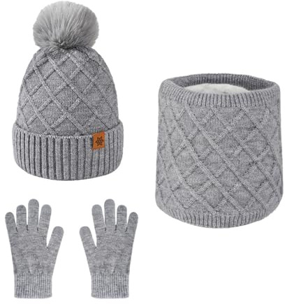 YIMINI Schal, Mütze und Touchscreen Handschuhe Set, Beanie Mütze Damen Winter mit Bommel Fleece Gefütterte, Loop Schal Schlauchschal Winterschal Winterhandschuhe, für Weihnachten Geschenk