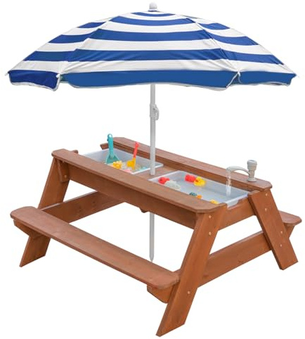 Kids 3-in-1 Sand- und Wasser-Aktivitätstisch, Holz, Outdoor, wandelbarer Picknicktisch mit Regenschirm, 2 Spielboxen, abnehmbare Oberseite, Wasserhahn-Tisch für den Außenbereich (Brown/Navy)