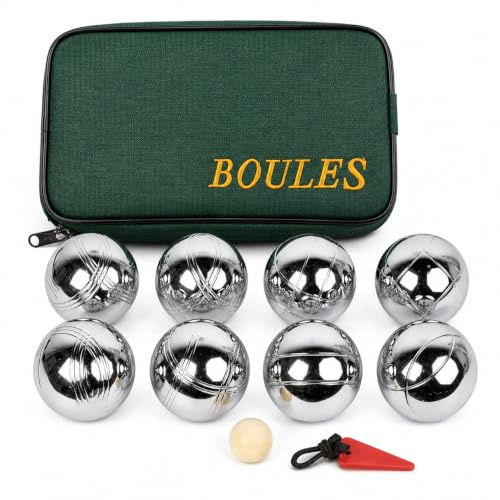 DUAS French Boules Petanque Balls Set in Chrome Steel 3/6/8 Piece Outdoor Game Kit with Wooden Jack, Measuring String and Zipped Carry Case for Garden Beach Camping (Set of 8)