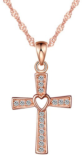 Yumilok pendentif collier en 925 argent et zircon la croix classique et le cœur pour femme fille couleur d'or rose