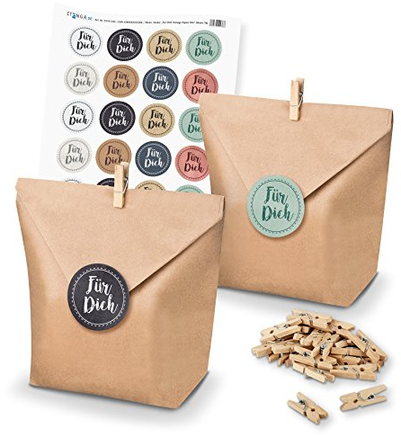 itenga SET Geschenktüten Für Dich Vintage Papier Mix unlackiert (Motiv 78) 24 x Tüten + Klammern + Stickerbogen