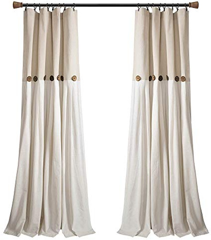 Lush Decor, Leinen-Vorhangpaneel mit Knöpfen, einzeln, 102 cm breit x 213 cm lang, Leinen – Landhausvorhänge – Landhausdekoration – Farbblock-Design, moderner Landhausstil für Wohnzimmer, Schlafzimmer