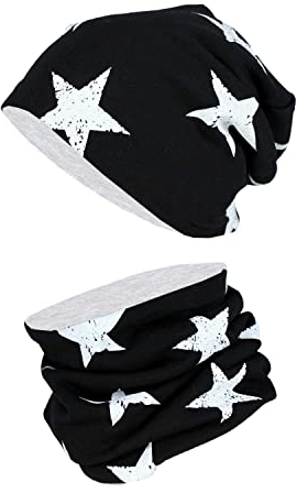 TupTam Unisex Kinder Beanie Mütze Schlauchschal Set, Farbe: Sterne Weiß/Schwarz, Größe: 54-56
