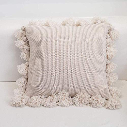 Knitted Pillow Covers with Pompoms Tassel Boho Striped Cable Knit Throw Pillow Cases Decorative Pillow Cushion Cover Set for Home Sofa Couch Bed-16x16_T-beige