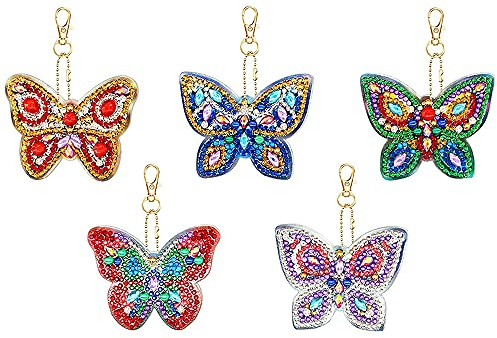 Diamant Schlüsselanhänger,5 Stück DIY Voll Bohrer Schmetterling Malerei Schlüsselbund Doppelseitige Strass Bohrer Stickerei Keychain Kinder Diamant Painting Dekoration Anhänger für Rucksack Handtasche