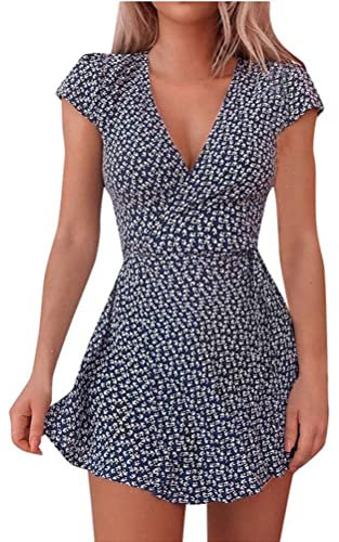 shownicer Robe Ete Femme Sexy Manches Courtes Taille Haute Jupe de Plage Robes Casual Col en V en Mousseline Boho à Volants Fleurie Mini Robe A Bleu L