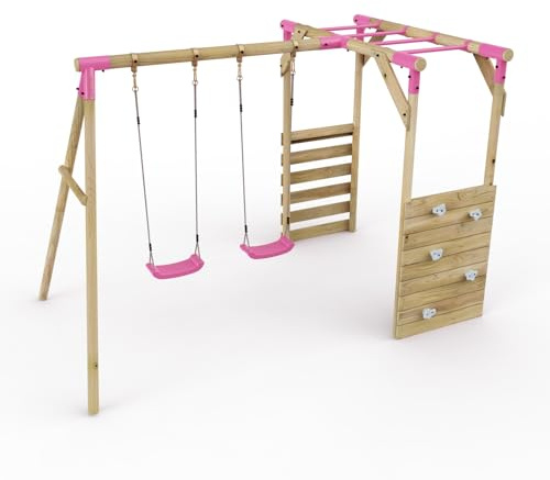 Rebo® Wooden Garden Children's Swing Set with Monkey Bar Attachment - Venus Pink | OutdoorToys | Kids' Outdoor Wooden Play Equipment for Gardens, Frame and Accessories Included, Weather Resistant