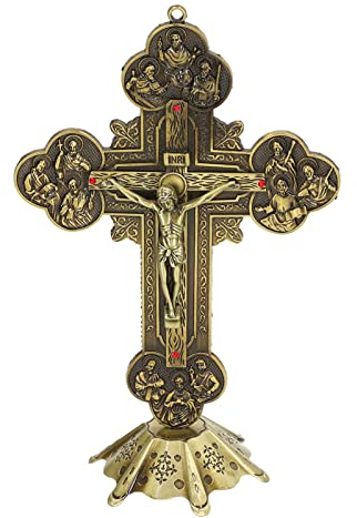 CUEI Crucifix sur Pied, Croix Murale Crucifix en métal de Style Vintage Jésus avec Base Stable en Bronze, décoration d'art de Table décorative Attrayante Rouge incrustée pour
