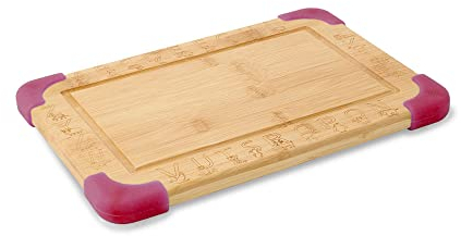 BIOZOYG tabla de cortar de bambú para niños I tabla multifuncional y de aprendizaje con dibujos y letras I tabla infantil con ranura y esquinas de silicona antideslizante en rojo 29x20x1,5cm