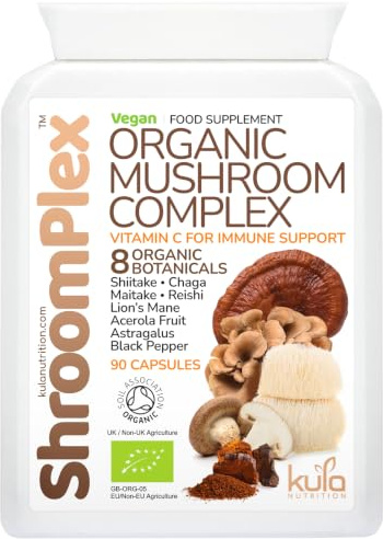 ShroomPlex - Organic Mushroom Complex with Vitamin C - 90 Vegan Capsules | Immune Boosting Mushroom Blend with Lions Mane, Shiitake, Chaga, Maitake and Reishi plus Black Pepper and Acerola Cherry