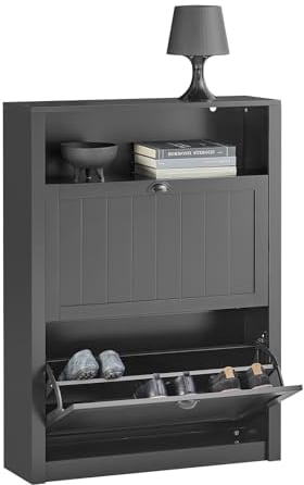 SoBuy FSR87-SCH Schuhkipper Schuhschrank schmal mit 2 Klappen Schuhregal mit 4 Ablageflächen Schuhkommode mit Zusatzfach Schuhablage Schwarz BHT ca.: 80x110x24cm