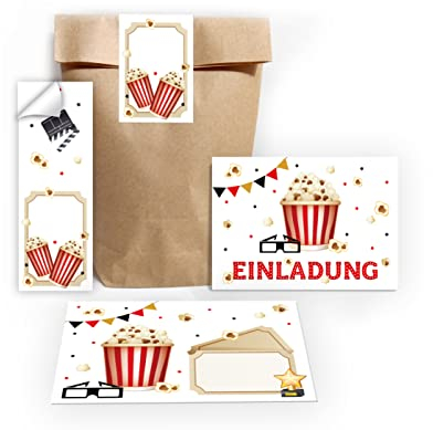 12 Einladungskarten zum Kindergeburtstag Kino Einladungen für Geburtstag Mädchen Jungen Kino-Party Cinema incl. 12 Umschläge, 12 Tüten/natur, 12 Aufkleber