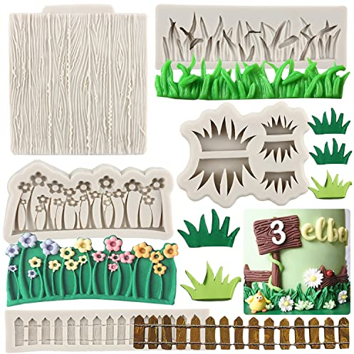 Sijiangmold Silikonform für Gartenlattenzaun, grünes Gras, Blume, Fondant, Holzmaserung, Baumrinde, Süßigkeitenform, zum Dekorieren von Süßigkeiten, Schokolade, Gummipaste, Modelliermaserung, 5 Stück