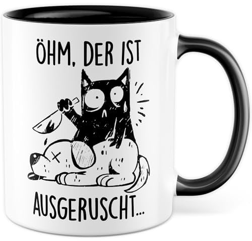 Tasse Katzen Geschenk Öhm, der ist ausgerutscht… Kaffeetasse Katzentasse Büro Katzenliebhaber, Geschenkidee Katzenmama cute Katze Humor Cat Deko Kollegin Freundin Kaffee-Becher (Weiß/Schwarz)
