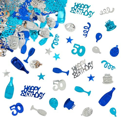 Giftota - 50. Geburtstag Deko Set Mit Konfetti (Blau, Silber) - Partydekoration für Jubiläen und Feiern