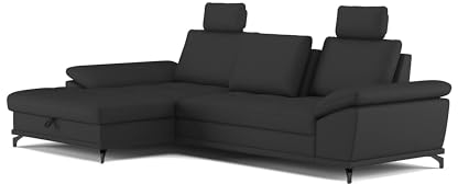 Cavadore Eckcouch Castiel mit Federkern / Ecksofa mit XL-Longchair, Bett, Bettkasten, Sitztiefenverstellung, Kopfstützen und mattschwarzen Metallfüßen / 301 x 89-114 x 176 / Echtleder, Schwarz