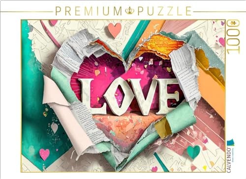 CALVENDO Puzzle Buntes gerissenes Papier mit Herz und Text Love | 1000 Teile Lege-Größe 64 x 48 cm Foto-Puzzle für glückliche Stunden