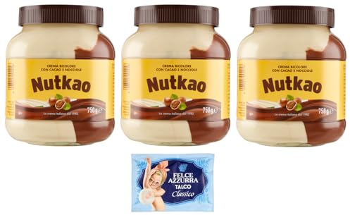 3er-Pack Nutkao Crema Bicolore Cacao,Nocciole e Vaniglia,Streichfähige Creme Kakao mit Haselnüssen und Vanille, 750g-Glas + 1er-Pack Kostenlos Felce Azzurra Talkumpuder, 100g-Beutel