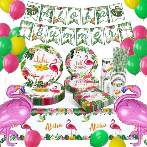 Flamingo Partygeschirr Set, Hawaii Party Geschirr, Pappteller Kindergeburtstag mit Flamingo Luftballons, Ananas Deko Partyzubehör Pappteller für Urlaub Sommer Deko Junge Mädchen Partys 16 Gäste